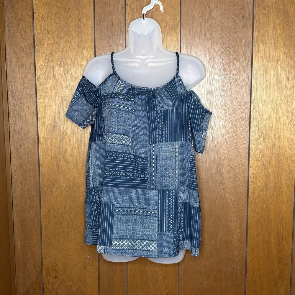 Bass Bass Top M Blue‎ Patchwork Cold Shoulder Boho Folk Summer Festival Western
